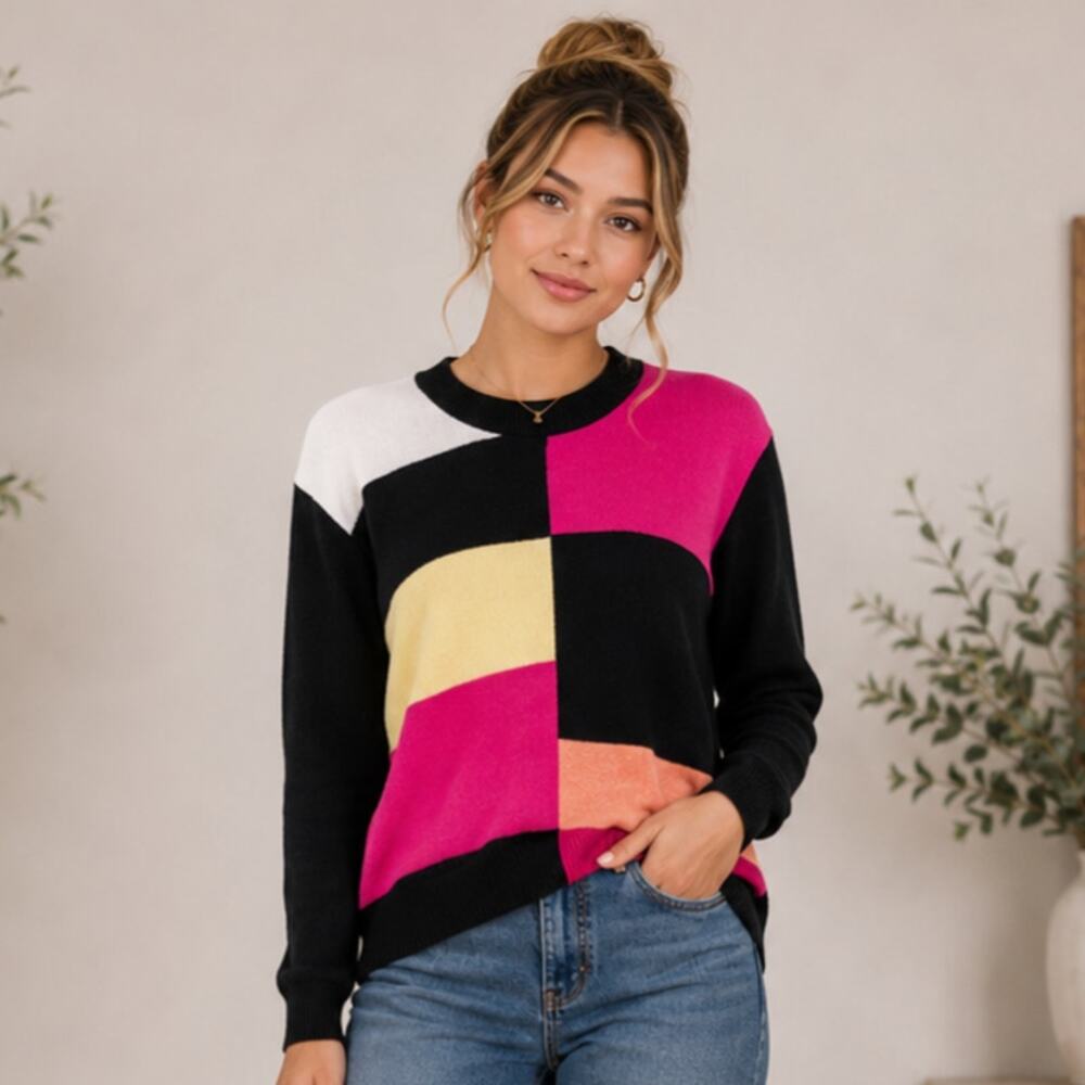 Sag Harbor Chenille Sweater Women's Size XL Black Red Color Block Retro Casual